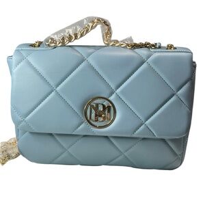 Badgley Mischka Light Blue Quilted Letter Lock Shoulder Hand Bag